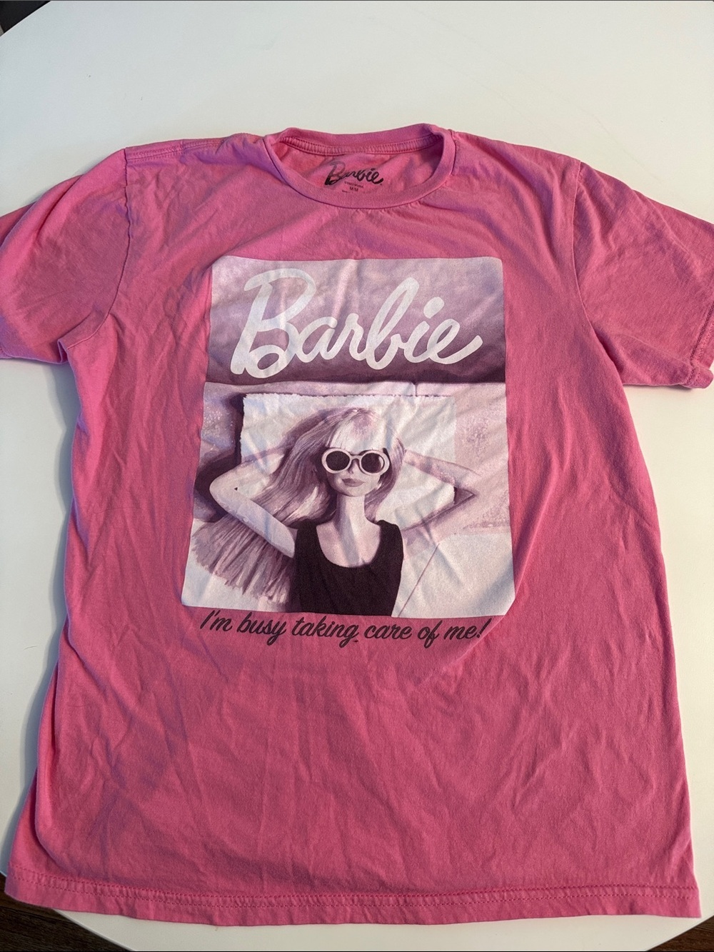 Official Barbie Pink Graphic Tee "I’m Busy Taking Care of Me" Size M